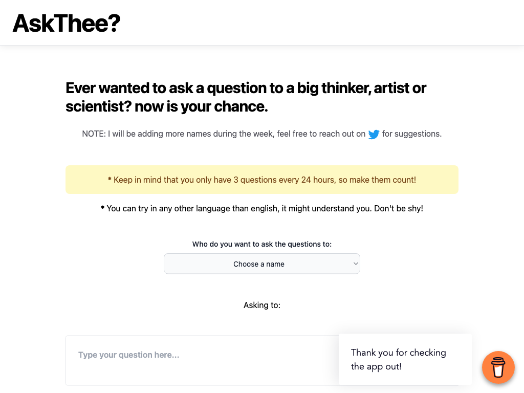 Screenshot of asking questions to big thinkers website