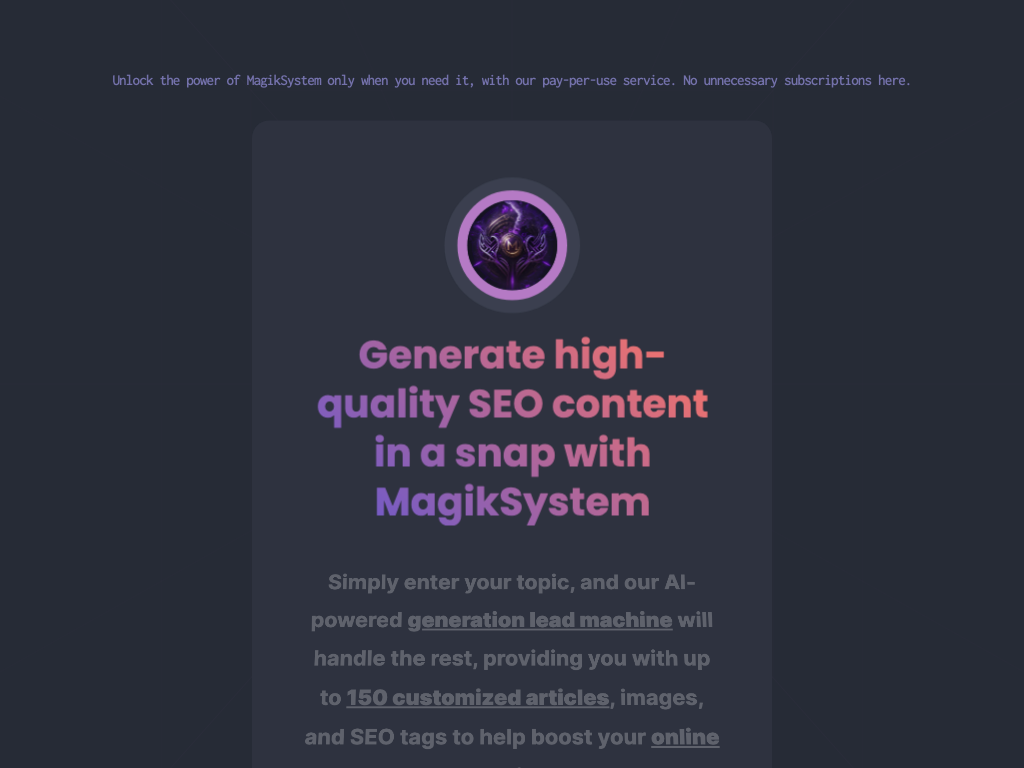 Screenshot of content generation, SEO optimization, and boosting online visibility website