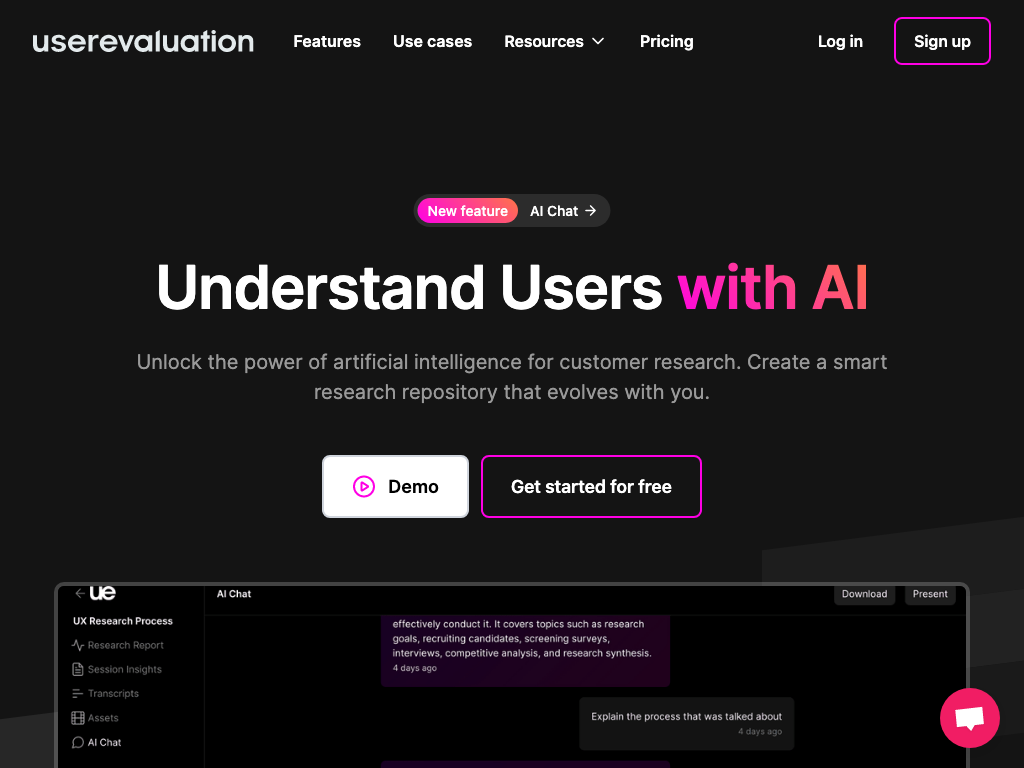 Screenshot of user evaluation, insights, data visualization, transcription and integrations website