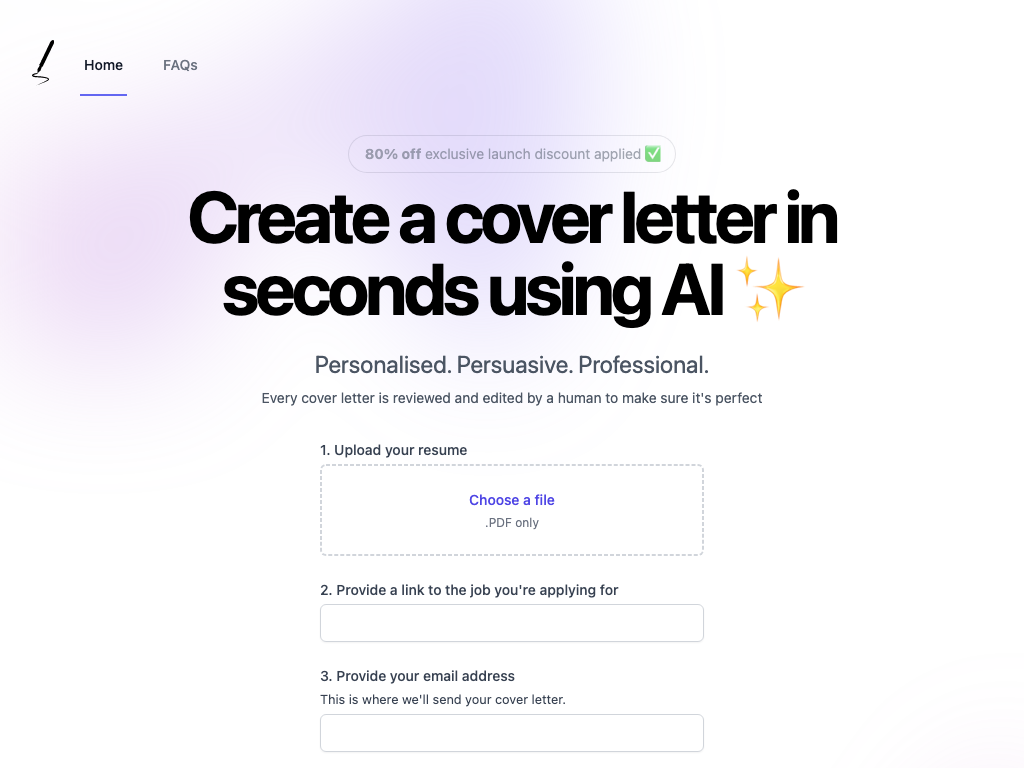 Screenshot of creating personalized cover letters website