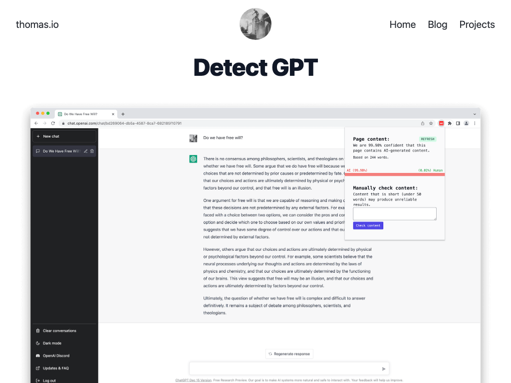 Screenshot of detecting AI-generated content website