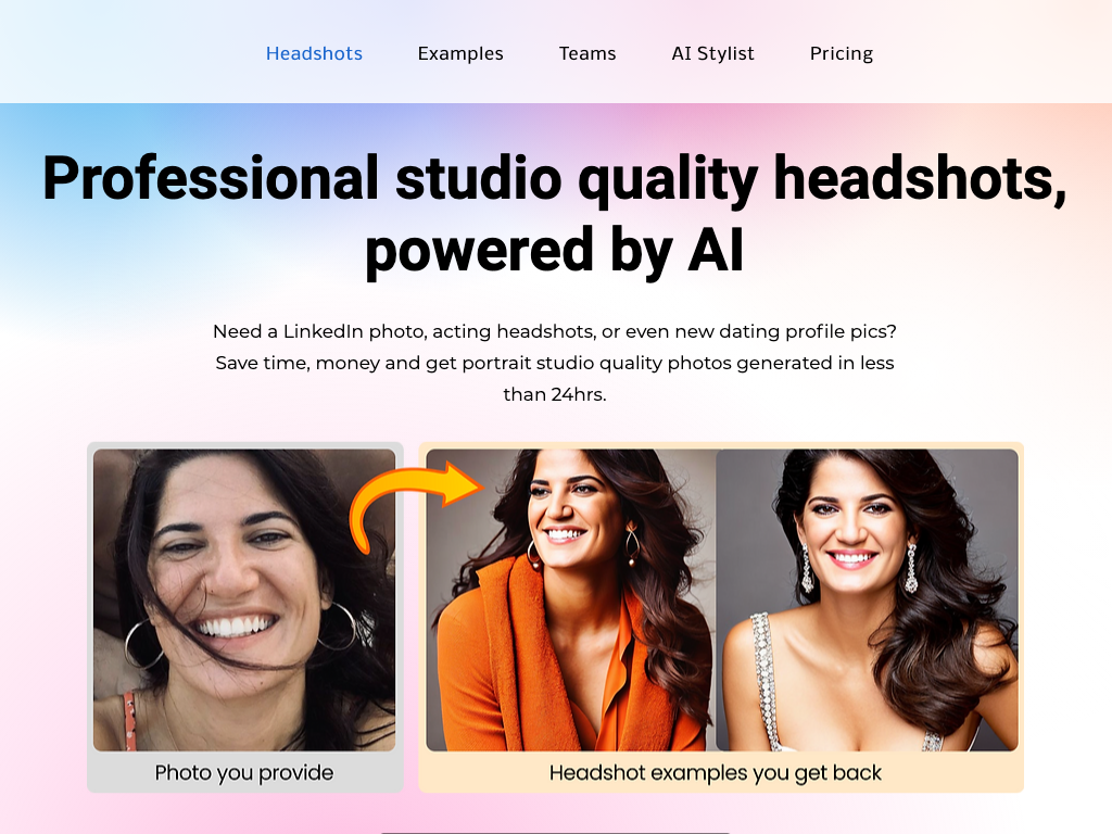 Screenshot of generating professional headshots and portraits website
