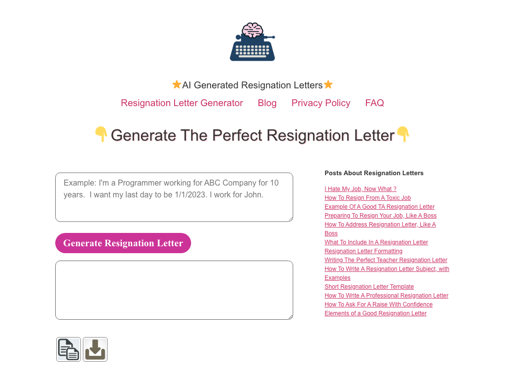 Screenshot of generating professional resignation letters website
