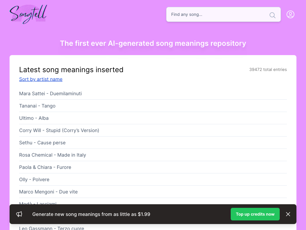 Screenshot of discovering new songs and viewing song meanings website