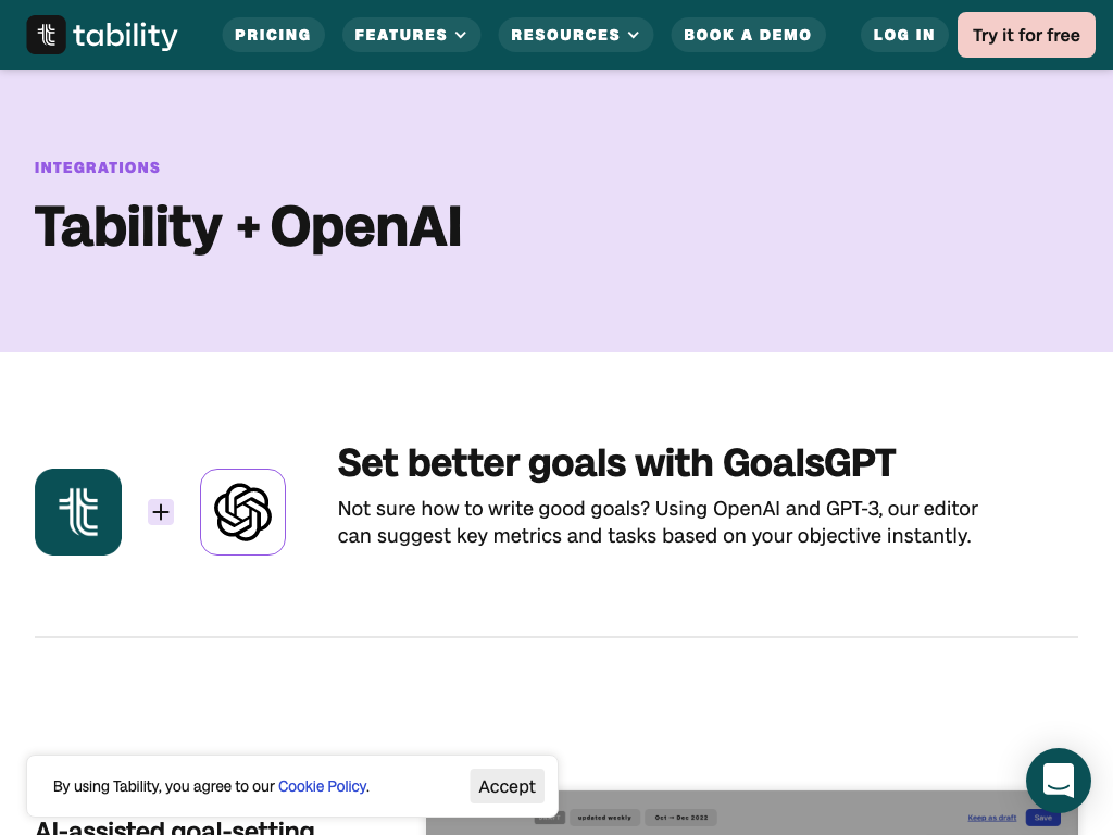 Screenshot of goal setting, tracking and reporting website