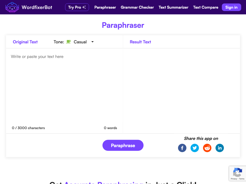 Screenshot of quickly rephrasing text with accuracy website