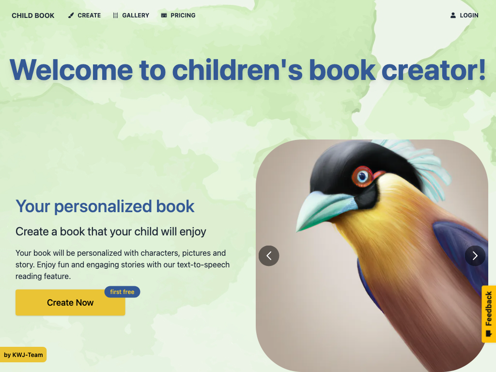 Screenshot of creating personalized storybooks with text-to-speech website