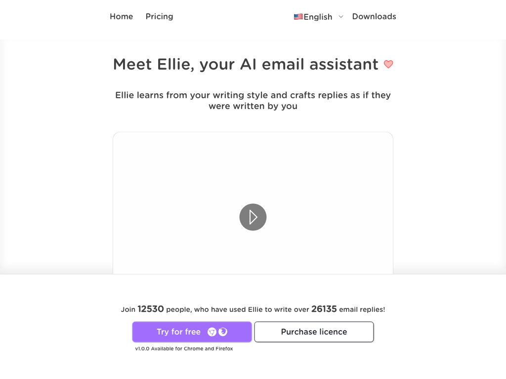 Screenshot of composing emails quickly, learning from writing style, understanding context and multilingual support website