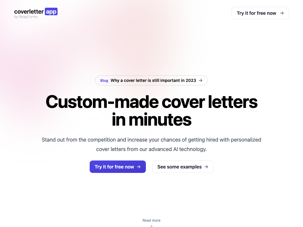 Screenshot of creating customised cover letters website
