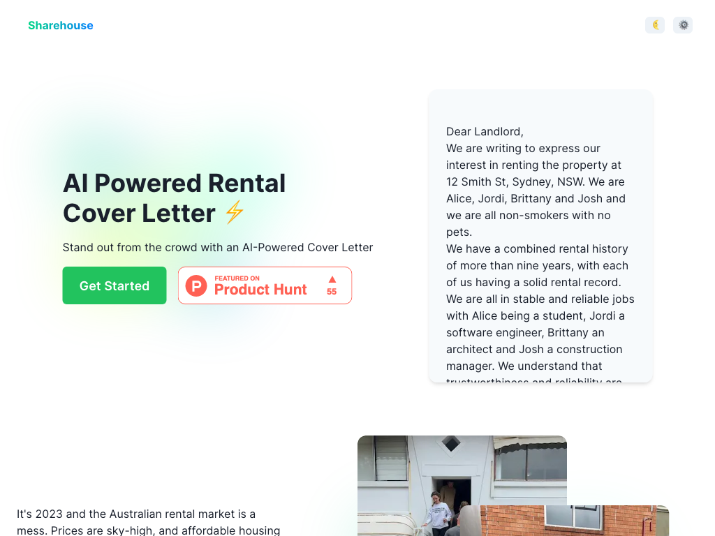 Screenshot of generating tailored rental cover letters website