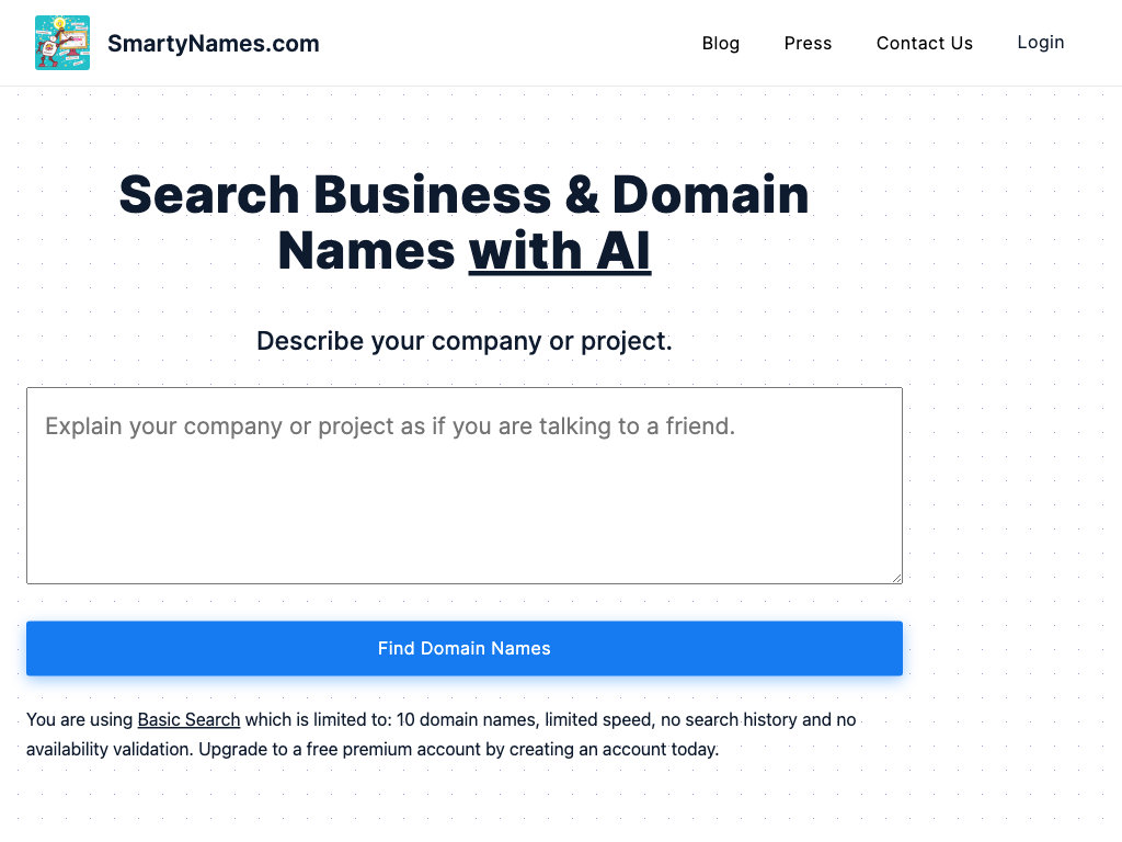 Screenshot of finding creative domain names website