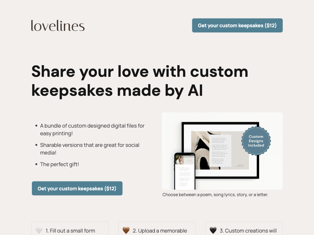 Screenshot of generating custom keepsakes website
