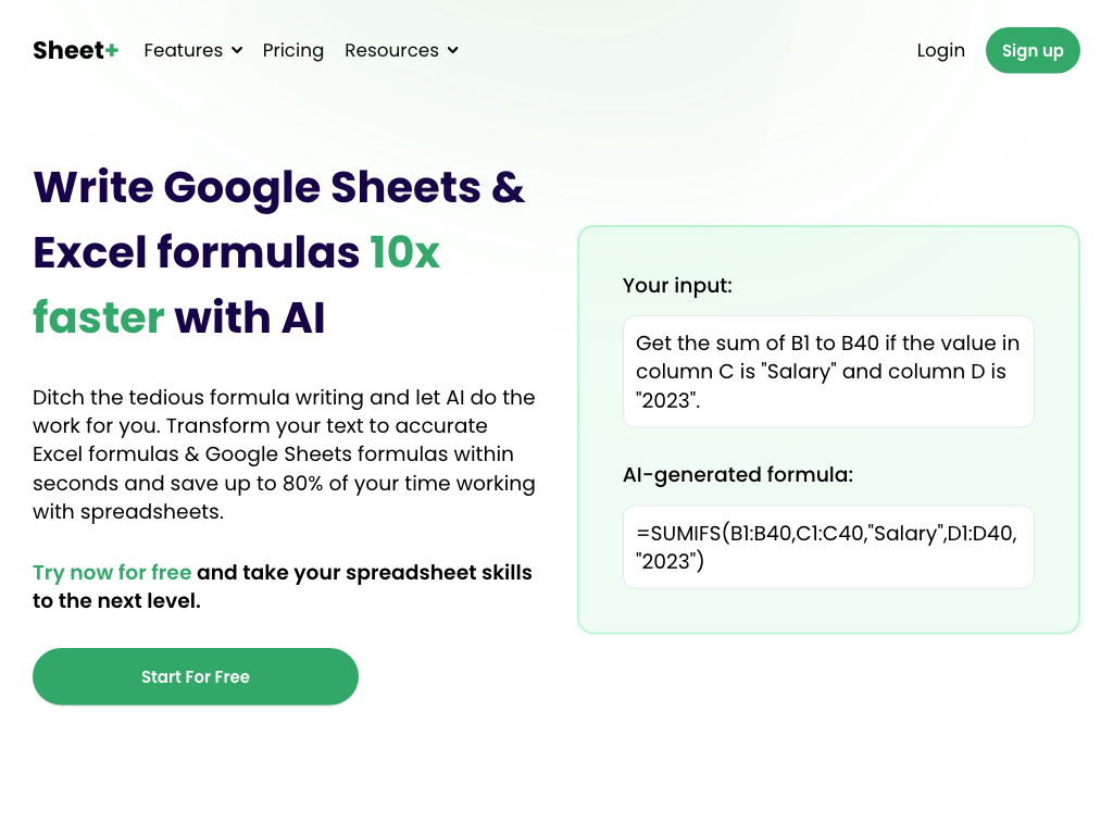 Screenshot of writing spreadsheet formulas quickly and easily website