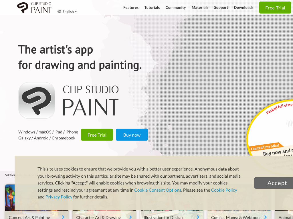 Screenshot of creating digital art, comics, manga and animation website