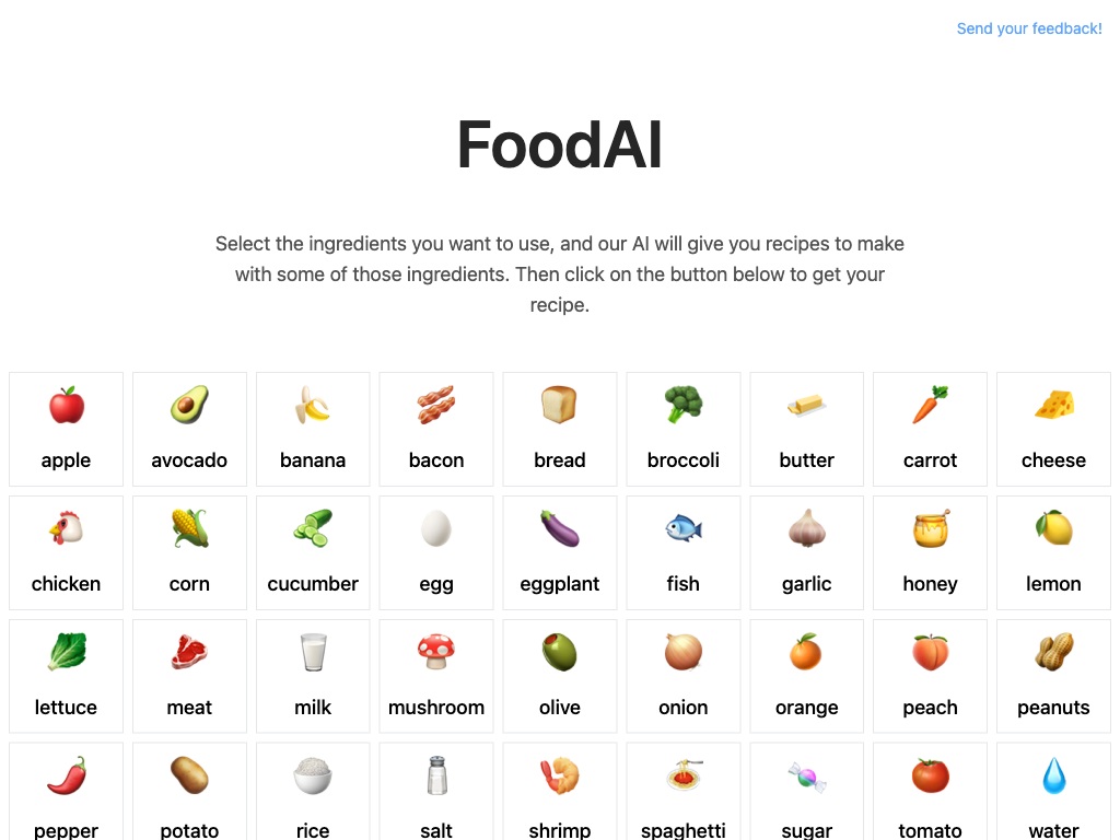Screenshot of generating cooking recipes website