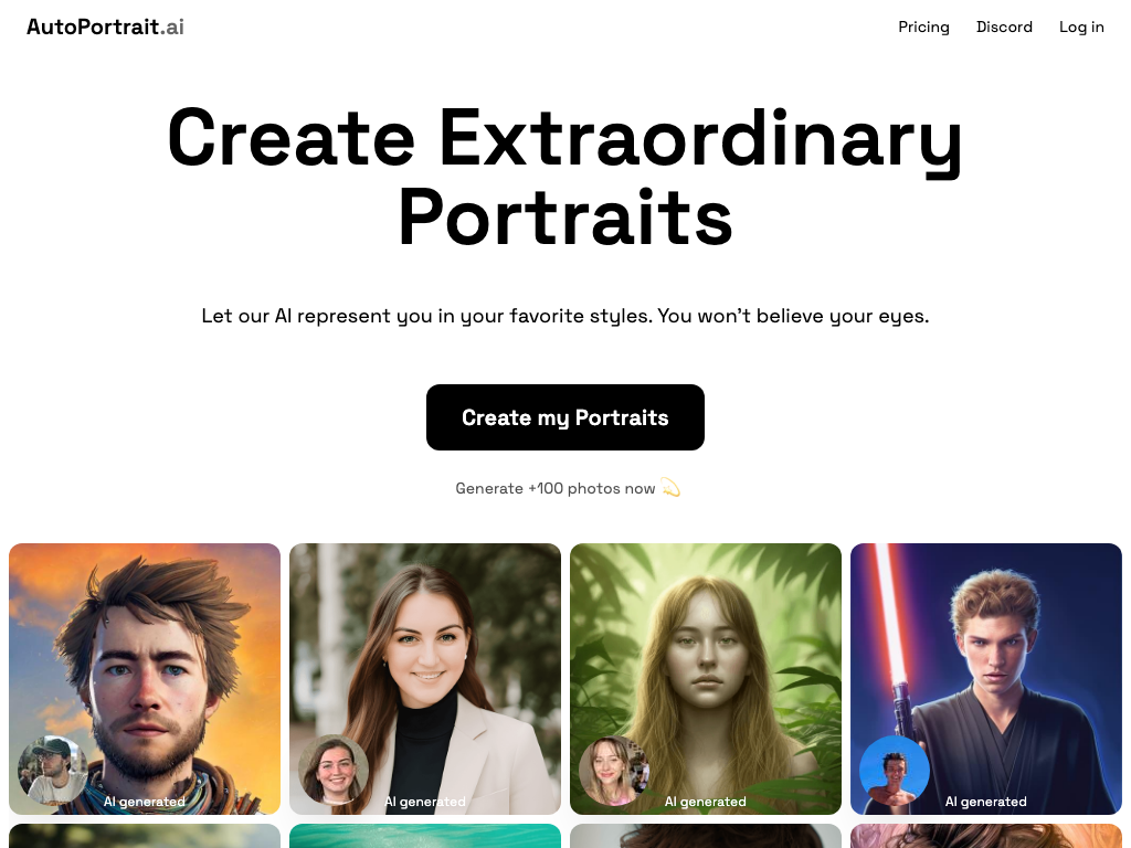 Screenshot of generating personalized portraits website