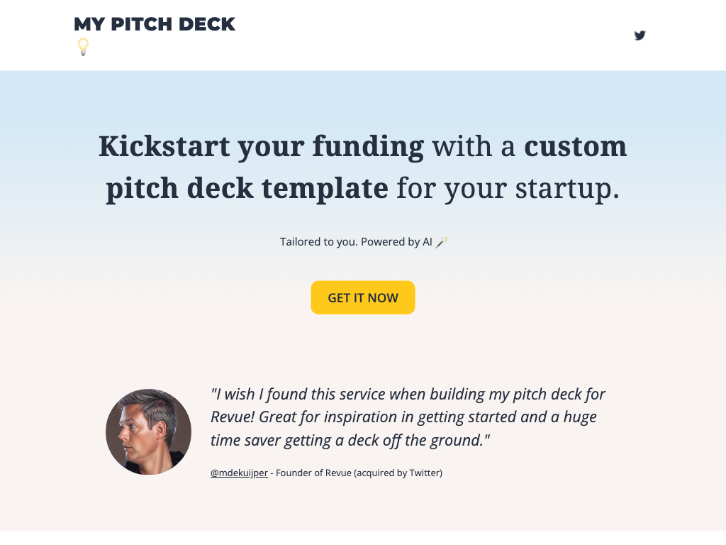 Screenshot of creating startup pitch decks website