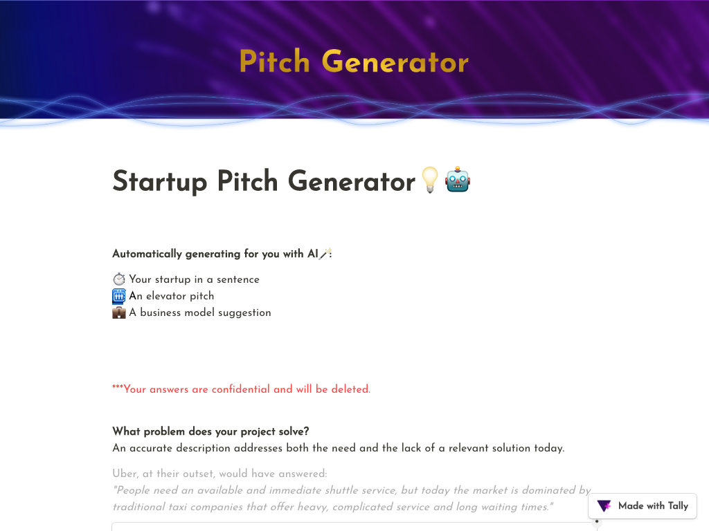 Screenshot of generating startup pitches website