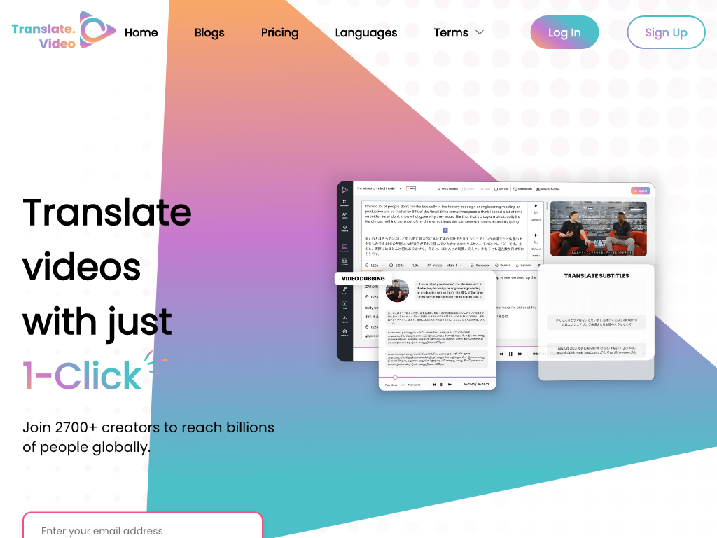 Screenshot of translating videos into multiple languages website