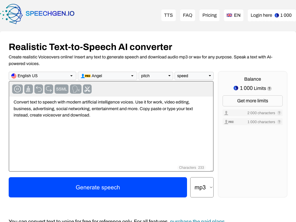 Screenshot of creating realistic voices, dialogue and video website