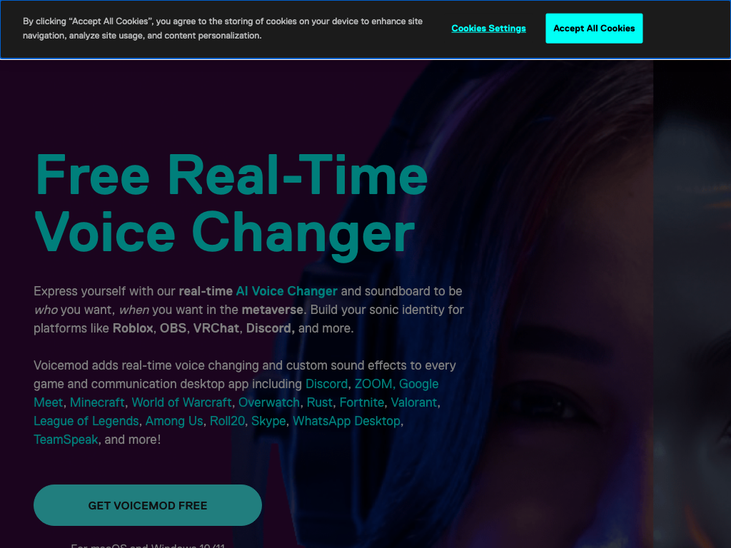 Screenshot of voice changing and customisation website