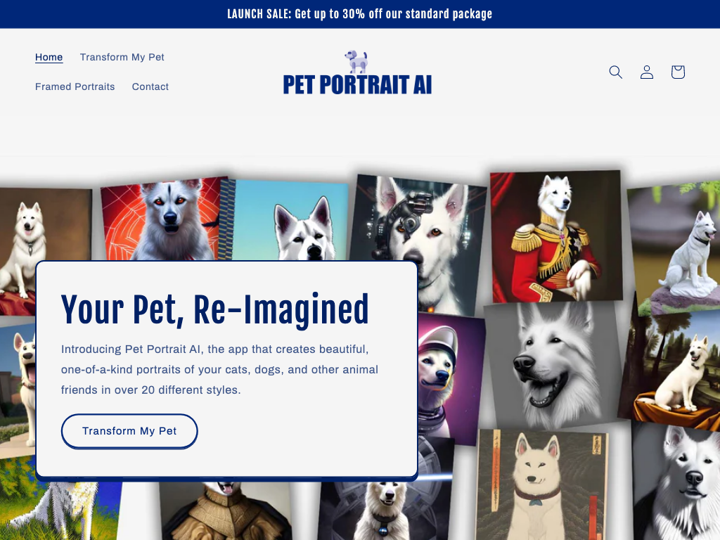 Screenshot of creating custom pet portraits website