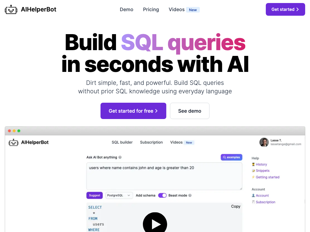 Screenshot of quickly building SQL queries website