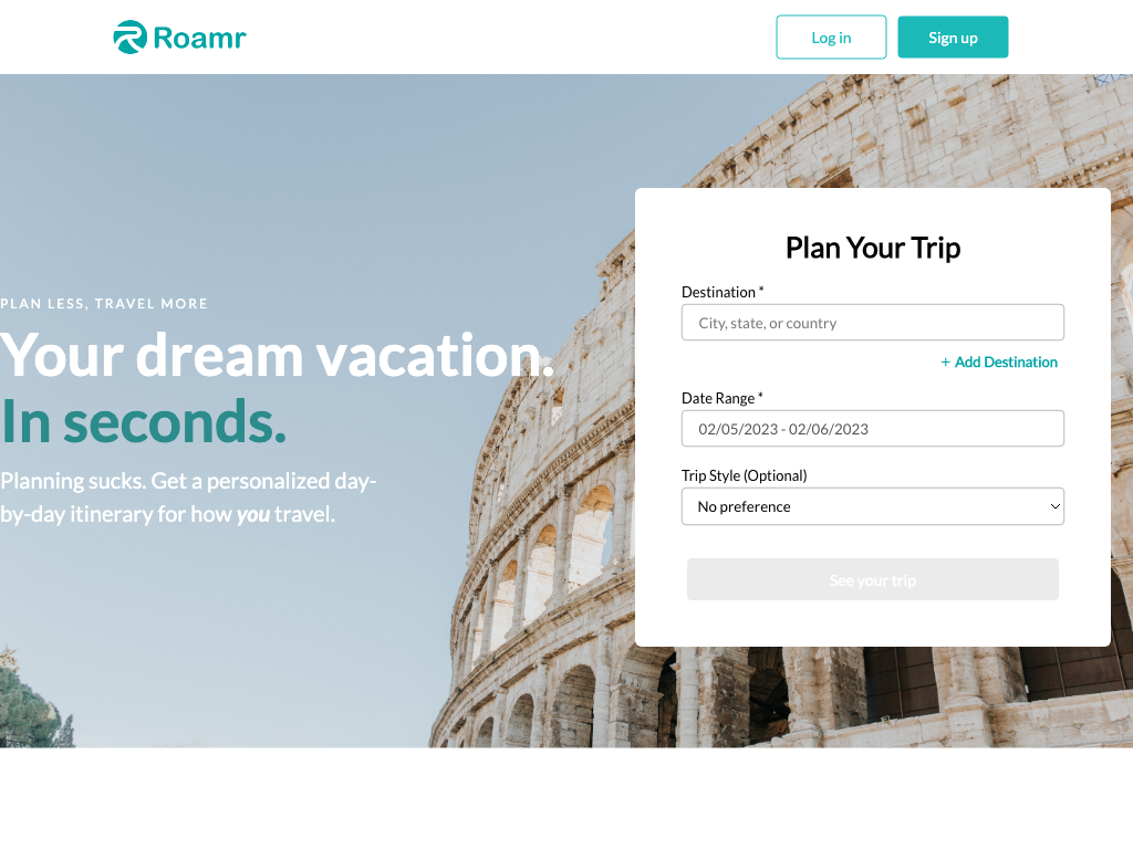 Screenshot of creating personalized travel itineraries website
