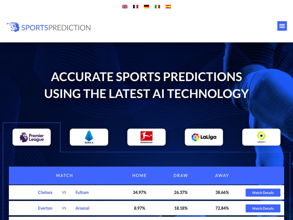 Screenshot of predicting sports matches outcomes website