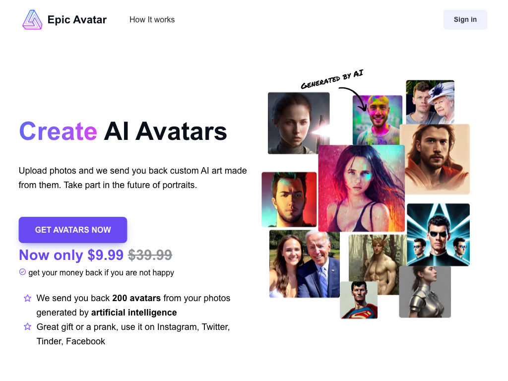 Screenshot of creating custom art avatars website