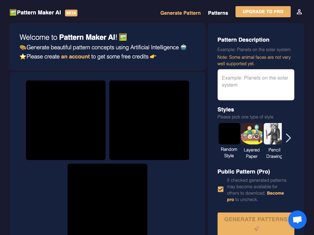Screenshot of quickly generating patterns website