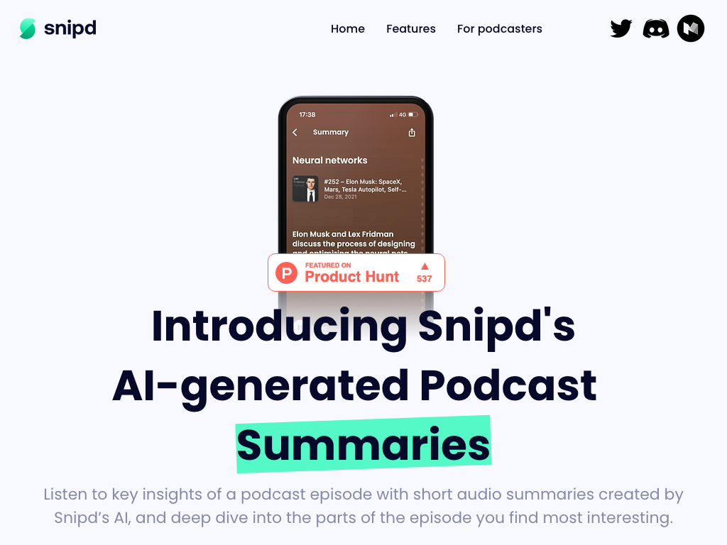 Screenshot of summarising podcast episodes website