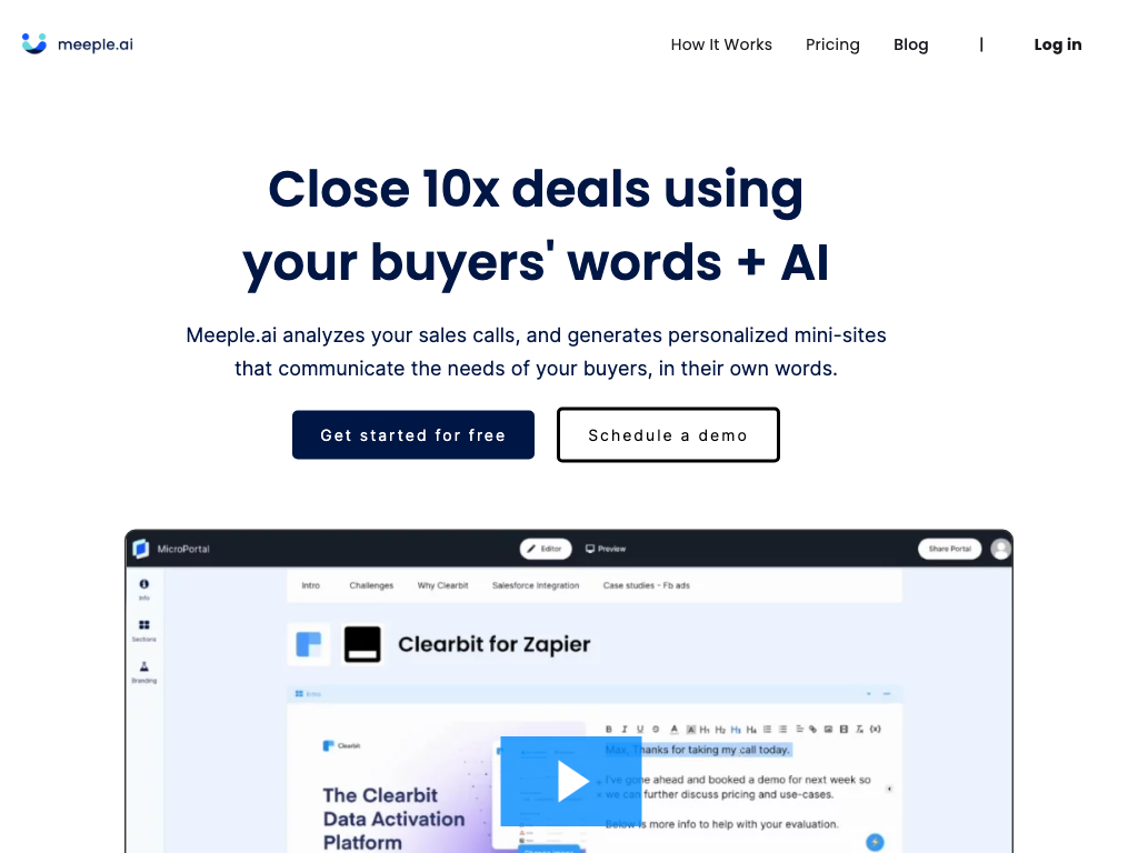 Screenshot of transcribing, extracting, and personalizing sales calls website