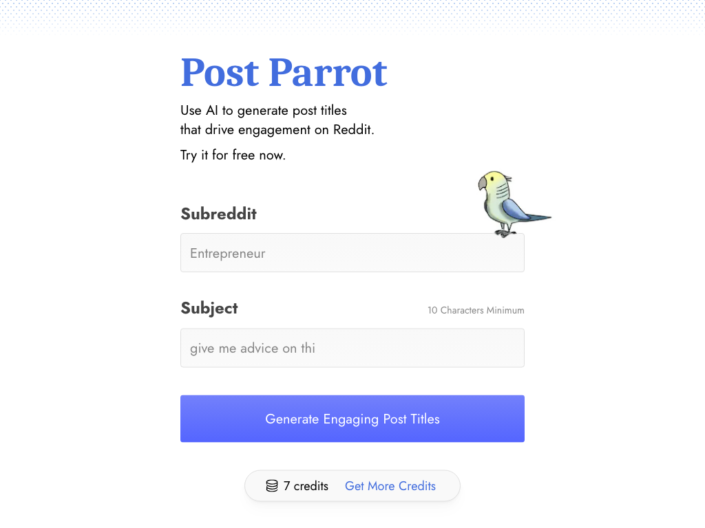 Screenshot of generating catchy and relevant post titles for Reddit website