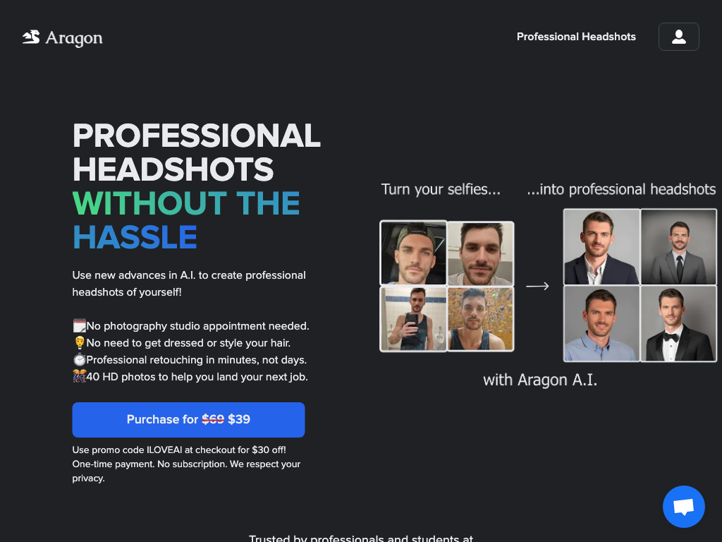 Screenshot of creating professional headshots website