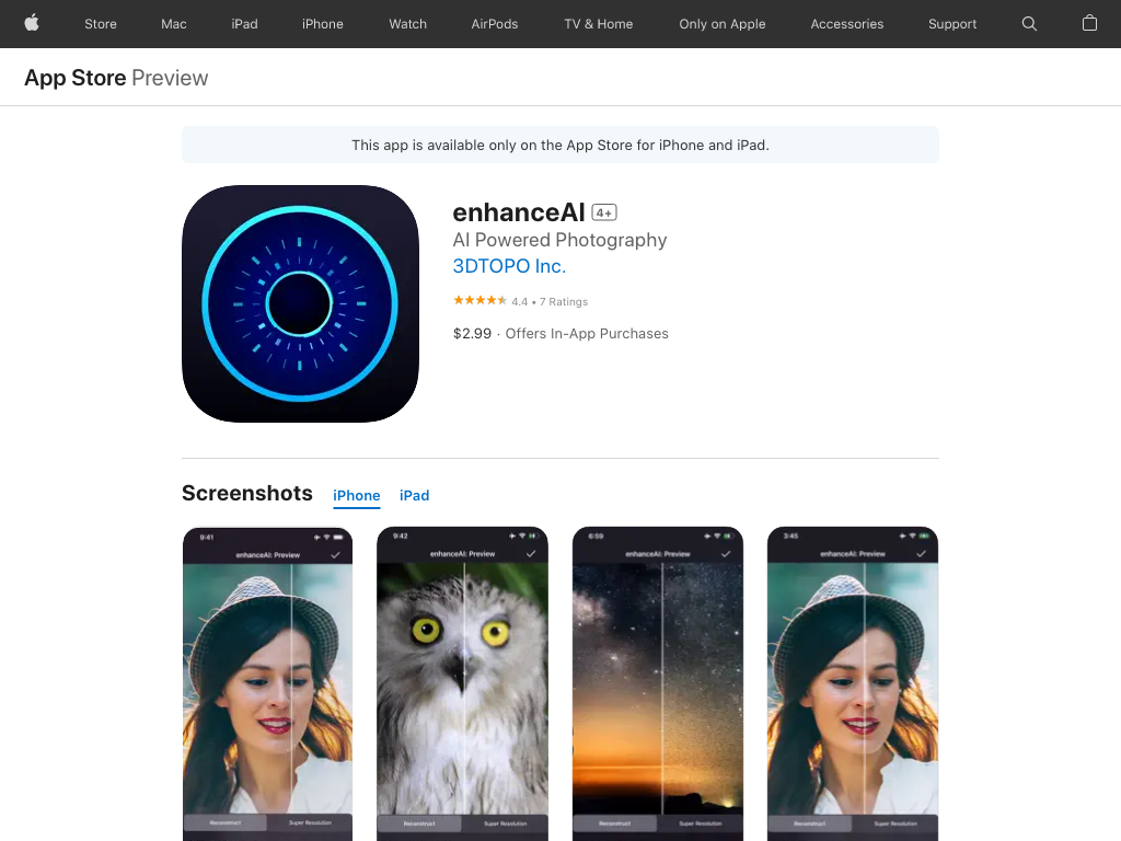 Screenshot of enhancing photos, removing blur, noise, and adding detail website