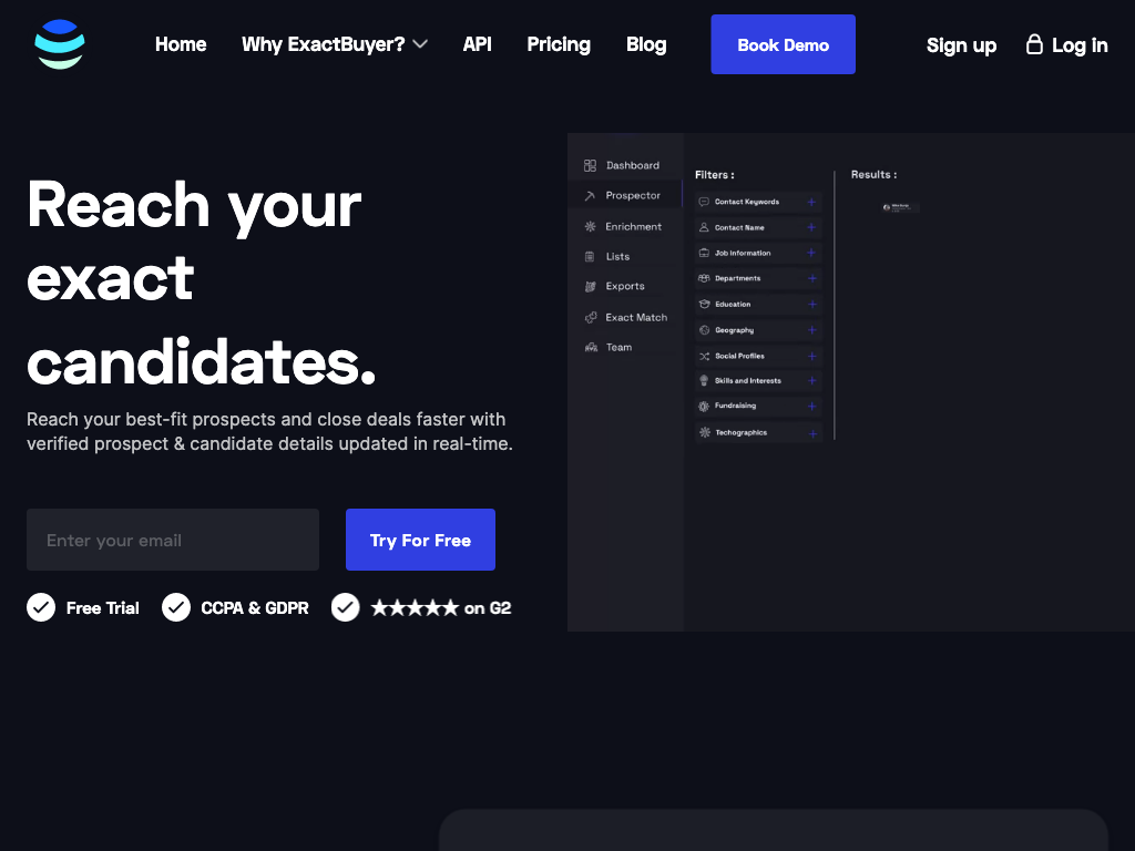 Screenshot of smarter search, verified prospects and enterprise APIs website