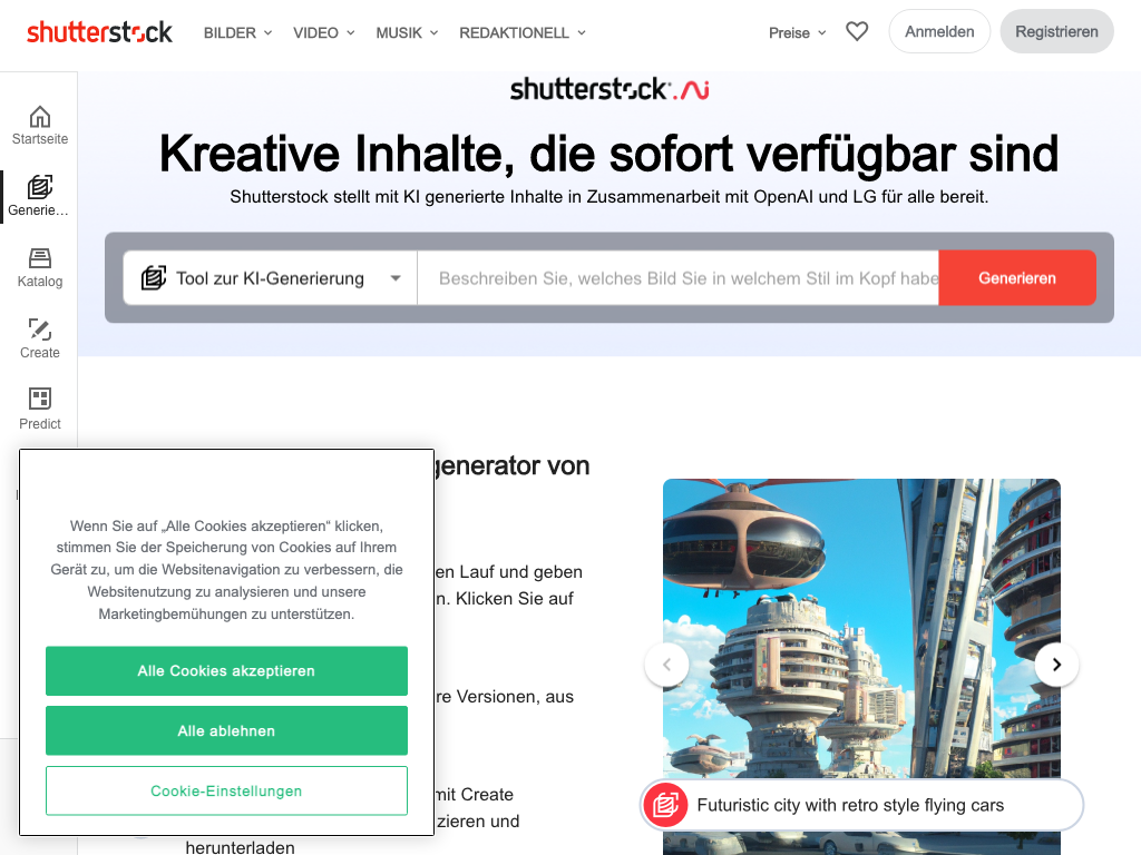 Screenshot of generating creative content website