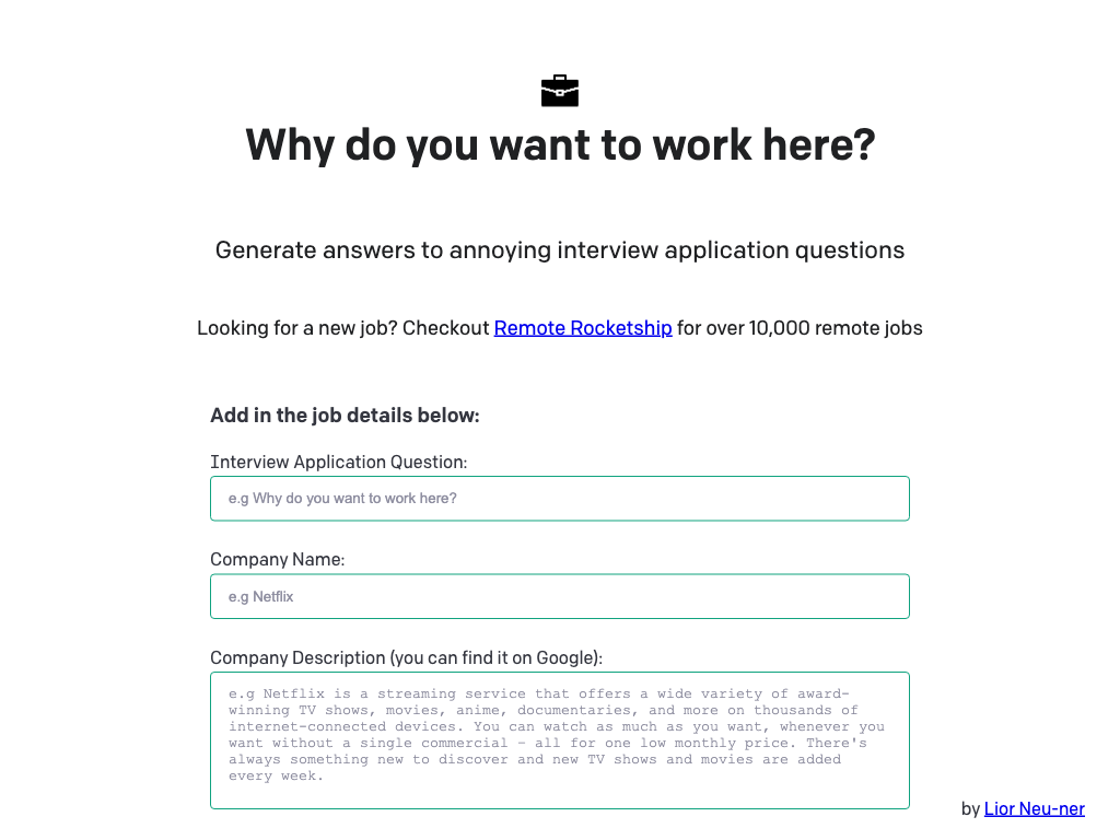 Screenshot of generating tailored job responses website