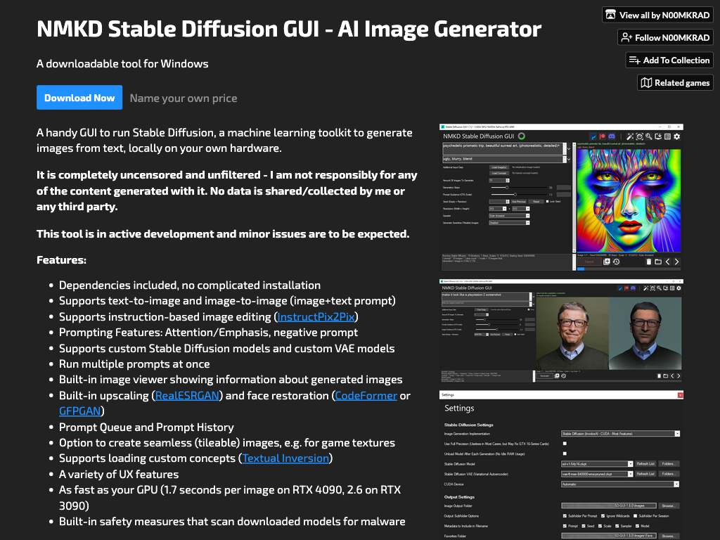 Screenshot of text-to-image, image-to-image generation, upscaling and face restoration website