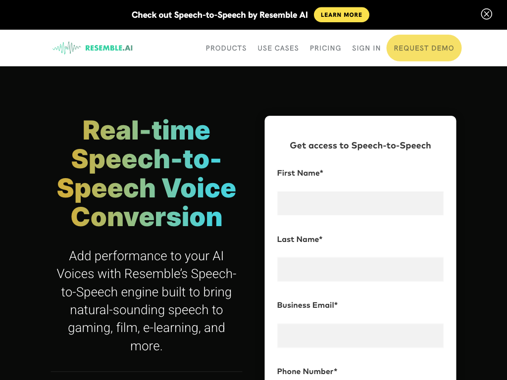 Screenshot of creating dynamic dialogue, voice overs and real-time low latency Voice Conversion website