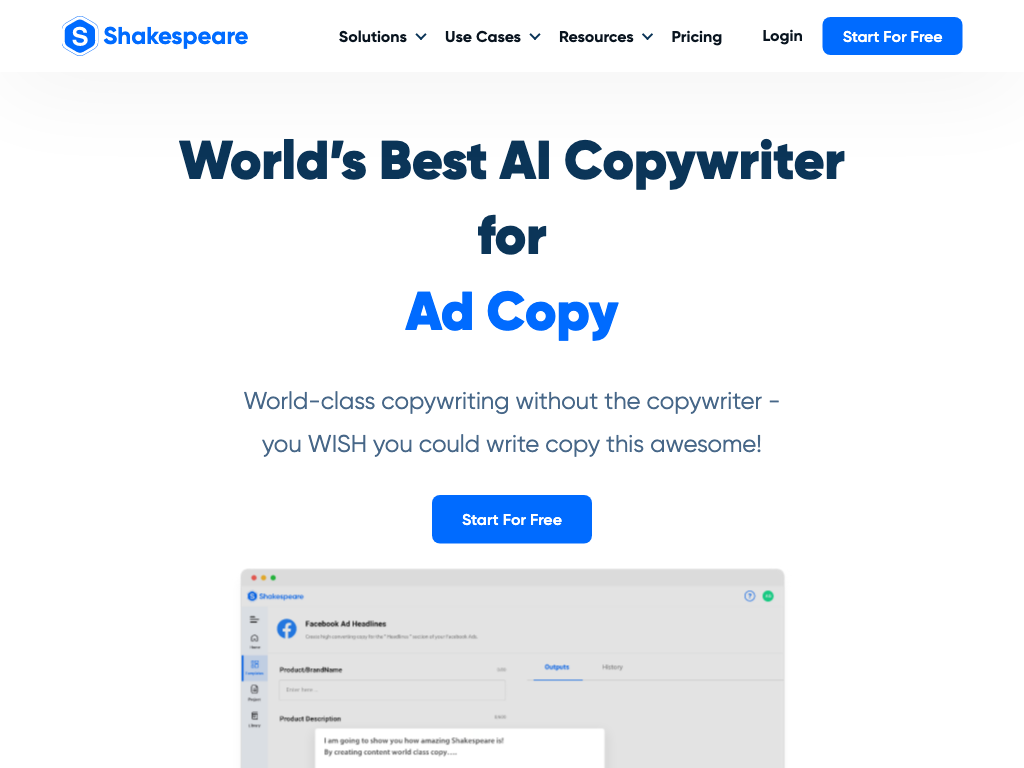 Screenshot of generating human-like copy, SEO optimization and faster marketing website