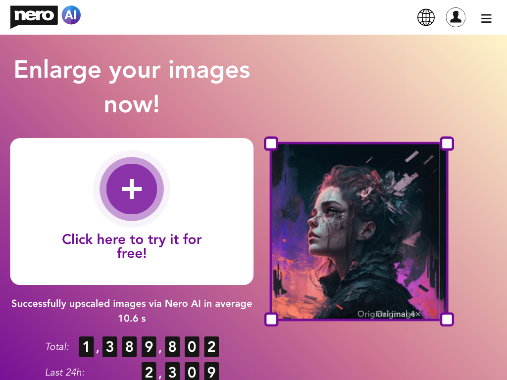 Screenshot of image enlargement, super-resolution, noise removal website