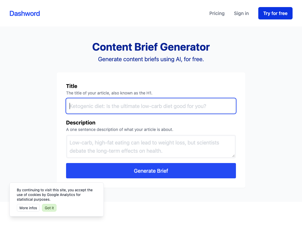 Screenshot of quickly generating comprehensive content briefs website