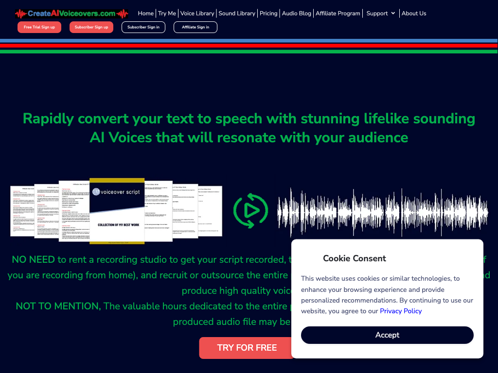 Screenshot of creating lifelike audio from text website
