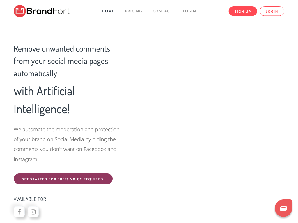 Screenshot of automated moderation and protection of social media pages website