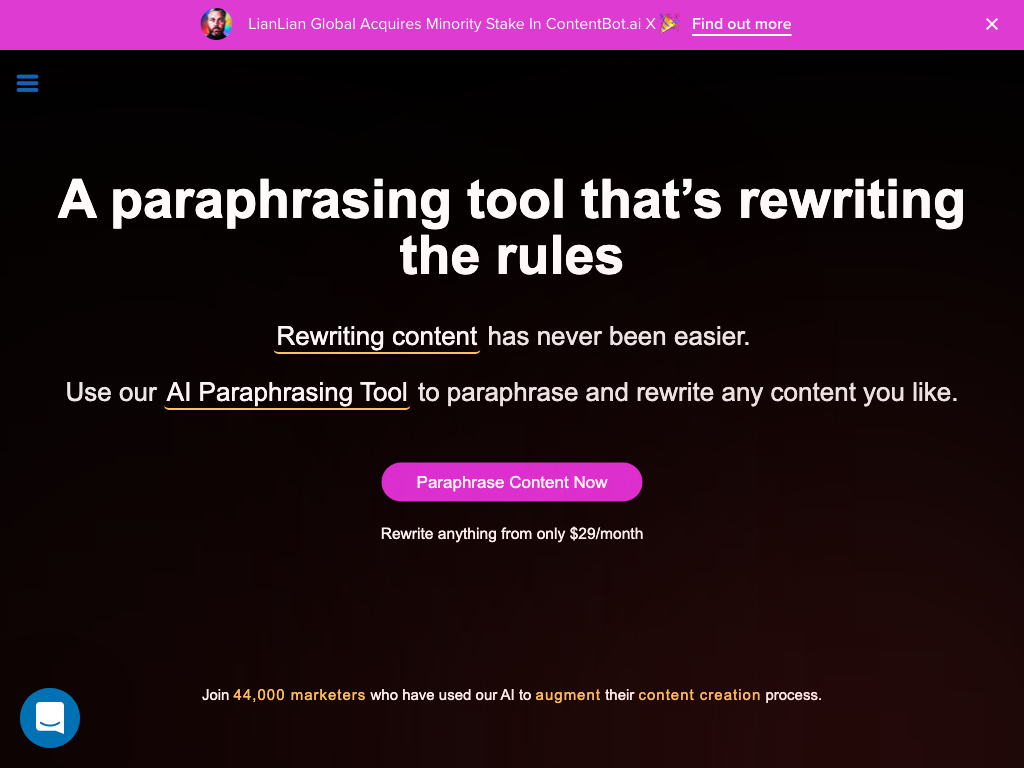 Screenshot of rewriting content, paraphrasing sentences and generating quality content website