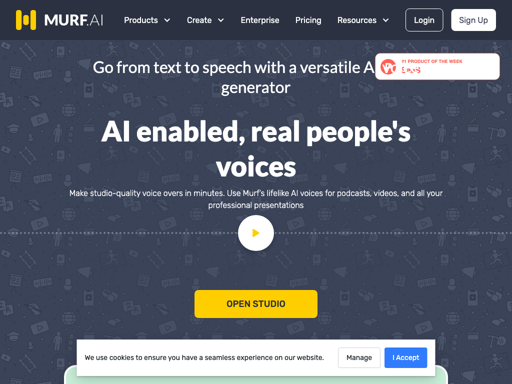 Screenshot of creating lifelike voiceovers in minutes for podcasts, videos, presentations, e-learning, ads, audiobooks, demos, YouTube, Spotify, IVR, games, animation, corporate training, and documentaries website