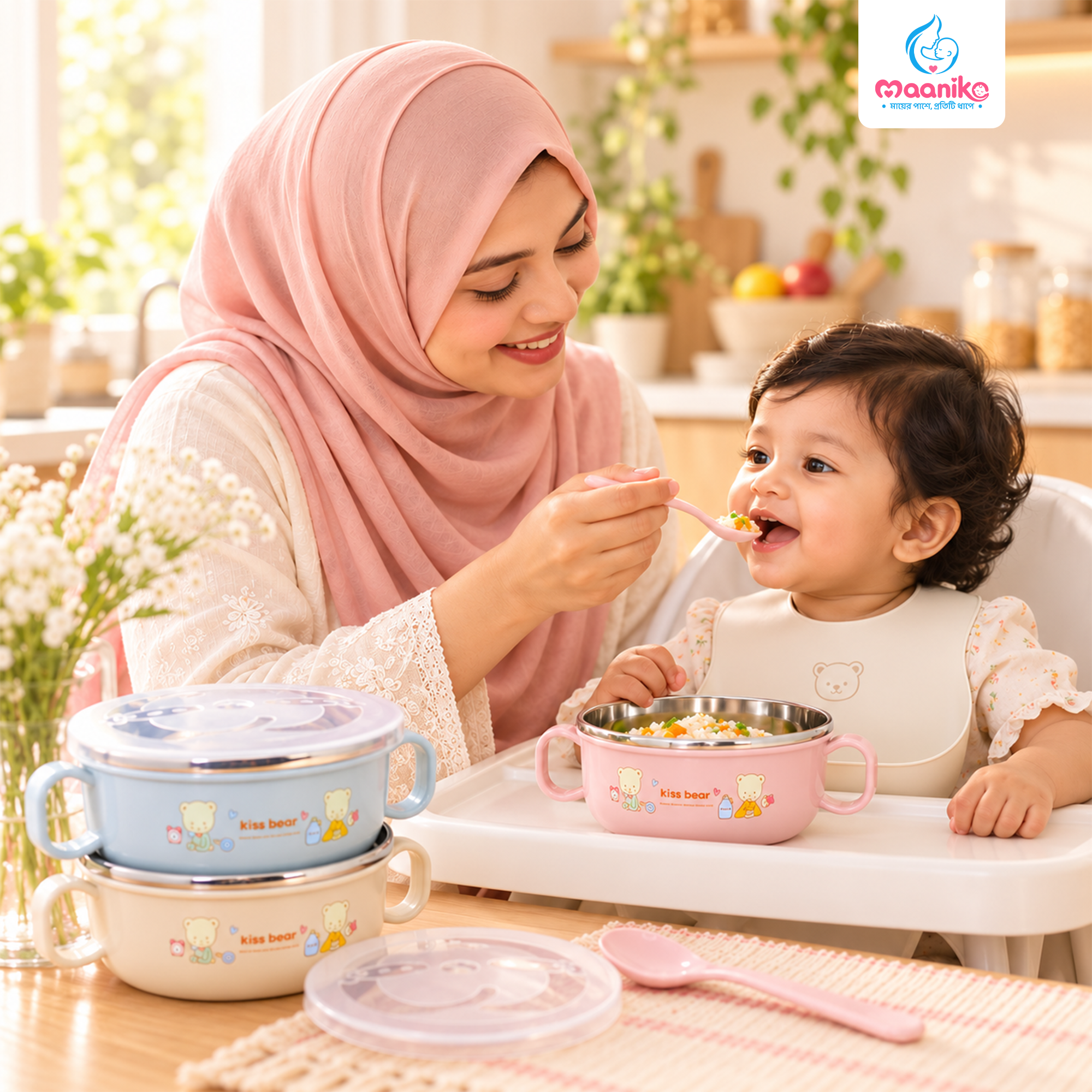 Baby Stainless Steel Feeding Bowl & Spoon Set | শিশুর স্টিলের খাবার বাটি ও চামচ-এর বিকল্প ছবি