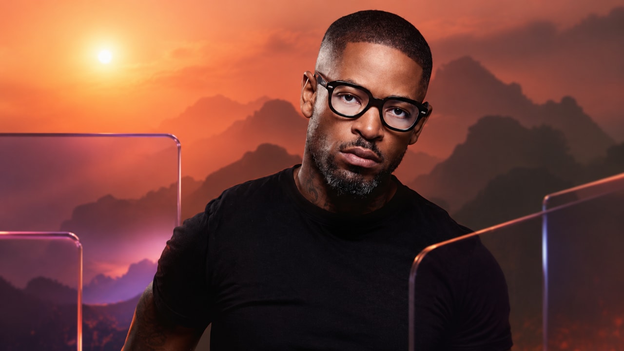 Editorial visual representing Prince Kaybee’s new PLAYY. Records era, combining Afro-house studio elements, layered percussion, glowing synthesiser waveforms, endurance-route symbolism and premium Viranova purple-glass styling to suggest creative reinvention.